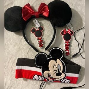 Minnie ears, Mickey headphones band, his and hers keychains
